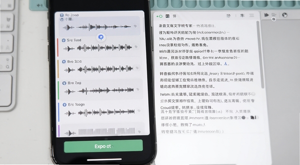 录音文字转换专家界面特写,左侧显示多个音频文件列表,右侧是转写完成的文字段落,手机屏幕下方有导出按钮,背景为淡灰色工作台,光线均匀,突出软件操作逻辑