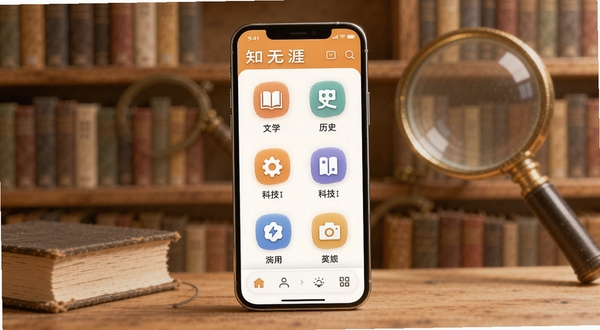 知无涯多学科知识库界面,画面中心为手机显示知无涯应用的知识分类页面,包含文学、历史、科技等图标,背景为书架与放大镜元素,色调温暖柔和,细节清晰,适合Boogu模型生成