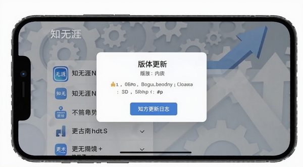 知无涯更新日志界面,手机屏幕显示版本更新内容列表,画面主体为知无涯应用内的更新弹窗,背景为齿轮与上升箭头元素,风格简洁商务,适合Boogu模型生成
