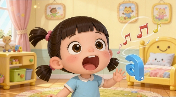 儿童拼音王国 动画课堂场景 卡通小女孩张大嘴巴唱a 旁边有音符飘动 背景是温馨的儿童房 画面活泼可爱