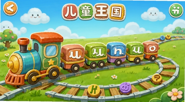 儿童拼音王国 拼读游戏界面 卡通小火车拖着声母和韵母车厢 轨道上有声调符号 背景是蓝天草地 风格童趣