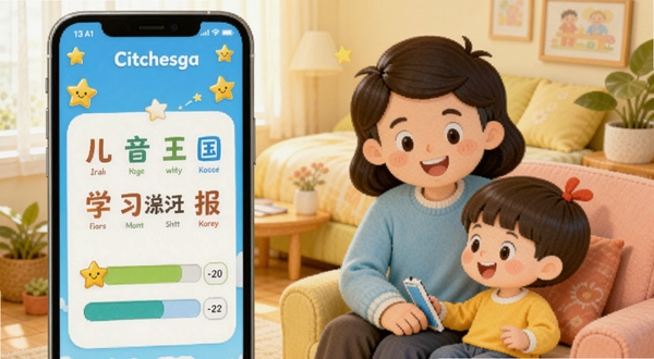 儿童拼音王国 学习报告界面 手机屏幕显示图表 有星星和进度条 旁边有家长和孩子一起看的卡通形象 温馨家庭场景