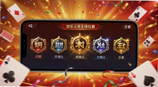 生成一张欢乐斗地主排位赛段位晋升界面的图片,画面主体为手机屏幕中央展示从青铜到王者的段位徽章排列,背景区域为金色与红色渐变的庆典氛围光效,周围点缀扑克牌元素和彩带,整体风格喜庆热烈,适配Boogu模型生成
