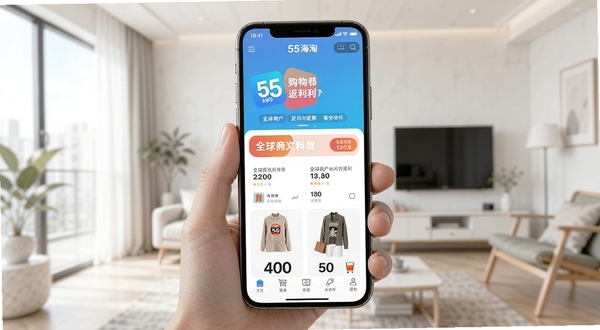 55海淘APP首页展示全球商户优惠与返利信息的手机界面截图,画面主体为手持智能手机展示应用主页面,背景为简洁明亮的现代家居环境,突出购物返利主题,适配Boogu模型生成