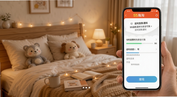 55海淘APP订单追踪与返利到账通知界面,手机屏幕显示返利进度条与提现按钮,背景为温馨卧室环境,突出55海淘返利安全可靠