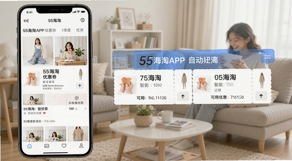 55海淘APP优惠券自动提示功能界面,手机屏幕展示商品详情页与可用优惠券弹窗,背景为居家购物场景,画面明亮清晰,体现55海淘智能省钱特点