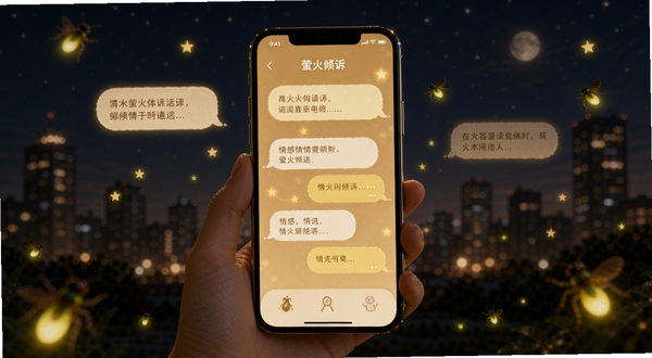萤火倾诉 应用主界面 温馨暖色调 手机屏幕展示 情感倾诉对话气泡 柔和光晕 背景为静谧夜晚的城市剪影 画面中心为手机 周围环绕着星星点点的萤火虫光芒 整体风格温暖治愈