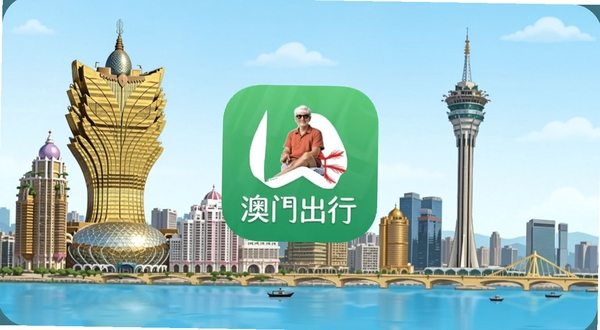 澳门出行APP官方应用图标与界面展示,画面中央呈现澳门出行APP的绿色图标,背景为澳门半岛城市天际线,包含新葡京与旅游塔等地标建筑,整体风格简洁现代,适配Boogu模型生成