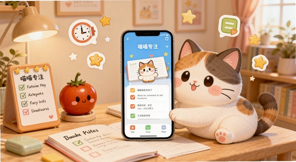喵喵专注软件主界面全貌,一只可爱的卡通猫咪趴在书桌上陪伴学习,背景是温馨的暖色调房间,书桌上有番茄钟和待办清单,画面中心是手机屏幕展示喵喵专注应用界面,周围环绕时间管理图标与星星奖励元素,整体风格治愈清新,数字插画质感