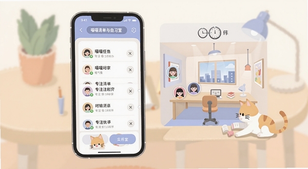 喵喵专注待办清单与自习室界面,手机屏幕展示任务列表和虚拟自习房间,房间内有多个用户头像和专注倒计时,一只猫咪在角落玩耍,背景是简约书桌场景,整体色调柔和,扁平化设计风格