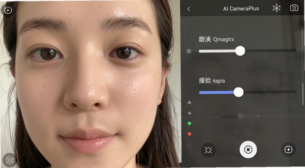 AI相机Plus 实时美颜界面,左侧显示人物面部特写,右侧滑动条展示磨皮、瘦脸参数,画面明亮自然,突出肤质细节保留效果