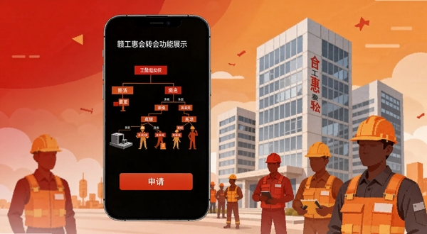 赣工惠入会转会功能界面展示,手机屏幕中显示工会组织树状图与申请按钮,背景为现代办公楼与工人剪影融合的扁平化插画,色调以工会红与暖橙为主,体现高效便捷的线上办理流程