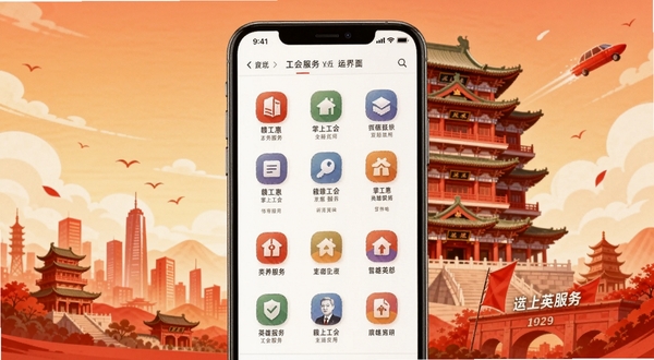 赣工惠应用主界面预览图,画面中央展示手机屏幕内工会服务图标整齐排列,背景为南昌滕王阁与红色英雄城元素融合的暖色调插画风格,整体明亮简洁,突出掌上工会的便捷感与地域特色