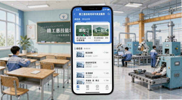 赣工惠技能培训与就业服务界面,手机屏幕显示课程卡片与招聘信息列表,背景为教室与工厂车间融合的插画风格,色调清新专业,体现学习与就业一站式服务