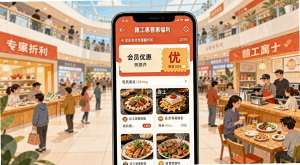 赣工惠普惠福利页面展示,画面中手机屏幕呈现优惠券与商家列表,背景为热闹的商场与餐饮场景插画,色彩丰富明快,突出会员专属折扣的吸引力