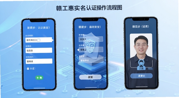 赣工惠实名认证操作流程图,手机屏幕分步骤展示填写信息与人脸识别界面,背景为简洁的蓝色渐变科技风格,突出安全与便捷的认证体验