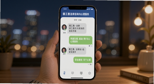 赣工惠法律咨询与心理服务界面,手机屏幕显示聊天对话框与律师头像,背景是柔和的城市夜景与温暖灯光,画面传递出安全可靠的陪伴感,整体风格平实亲切