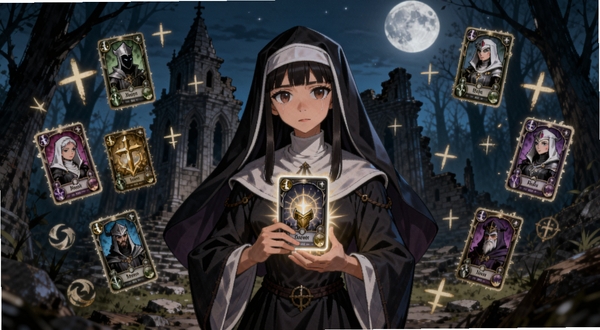 画面中央绘制一位修女角色站在教堂废墟前,手中凝聚圣光卡牌,周围环绕不同职业的卡牌图标与祝福符号,背景为月光下的黑森林,整体为手绘暗黑童话风格,色彩以深蓝、暗金与紫红为主,细节精致,突出月圆之夜多职业卡组构筑特色