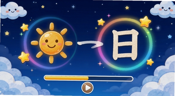 宝宝儿童学汉字趣味动画识字功能展示,画面中央是一个正在播放的汉字演变动画,从太阳的图形逐渐变成“日”字,周围有闪烁的星星和彩色光晕效果,下方有进度条和播放按钮,背景是深蓝色夜空与卡通云朵,整体风格活泼有趣
