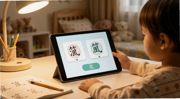 宝宝儿童学汉字移动端使用场景展示,画面中一个小朋友坐在书桌前拿着平板电脑使用宝宝儿童学汉字学习,屏幕上显示汉字卡片和跟读按钮,桌面上有铅笔和练习本,背景是温馨的儿童房环境,暖色调灯光,整体氛围安静专注
