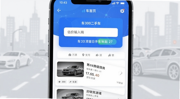 车300二手车APP首页界面展示,主体为蓝色调估价输入框与车源列表,坐标居中偏上,背景为浅灰色城市道路与汽车轮廓虚化,整体风格简洁科技感,适配Boogu模型生成