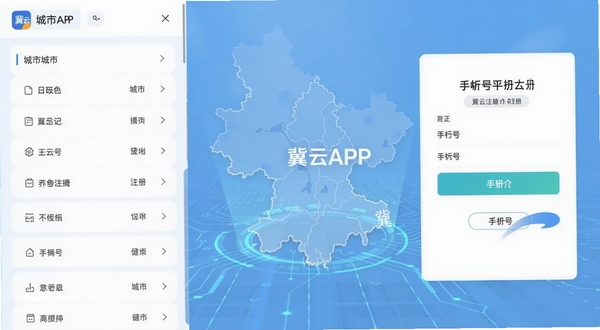 冀云APP城市切换与账号注册界面组合展示,画面左侧为城市选择列表,右侧为手机号注册页面,背景为河北地图轮廓与淡蓝色科技纹理,整体风格清爽简洁,突出操作便捷性