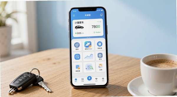 小猫爱车软件主界面展示,画面中央是一部智能手机屏幕,屏幕上显示小猫爱车App的车辆管理首页,包含车辆状态卡片、功能图标网格和底部导航栏,背景为温馨的浅蓝色渐变,整体风格简洁现代,适合应用商店宣传图,手机放置在木质桌面上,旁边有一串车钥匙和一杯咖啡,光线柔和自然