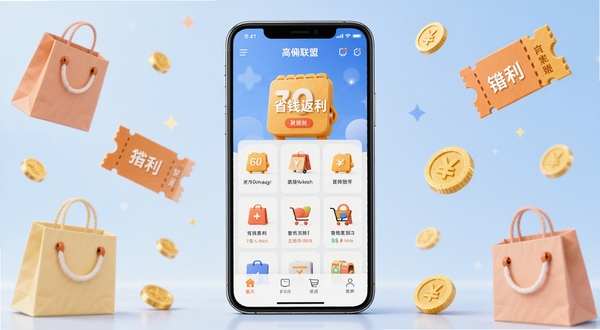 高佣联盟应用主界面全貌展示,画面中央为手机屏幕呈现高佣联盟APP首页,背景区域为柔和的浅蓝色渐变,四周点缀购物袋、优惠券、金币等元素,风格简洁明快,突出省钱返利主题
