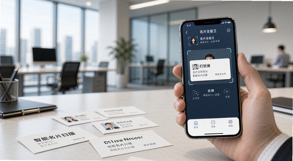 名片全能王 智能名片扫描 商务办公场景 手机屏幕展示名片识别界面 桌面散落纸质名片 背景为现代办公室环境 高清写实风格