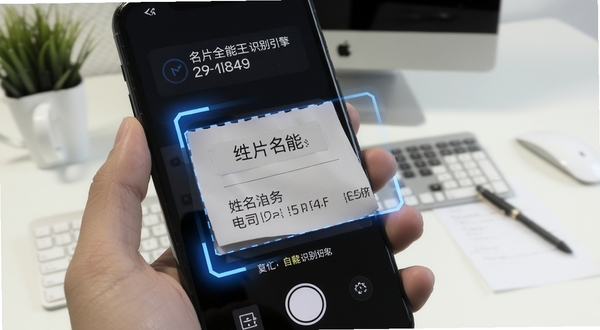 名片全能王 手机拍摄纸质名片 识别引擎自动框选 界面显示姓名电话公司等字段 科技感蓝色光效 简洁办公桌面背景