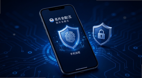 名片全能王 安全加密隐私保护 手机指纹解锁界面 盾牌图标 数据加密示意 深蓝色科技背景