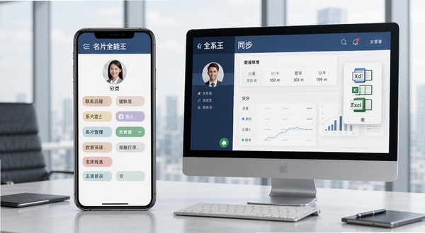 名片全能王 联系人管理界面 分组标签展示 手机与电脑同步 数据导出Excel表格 现代商务风格