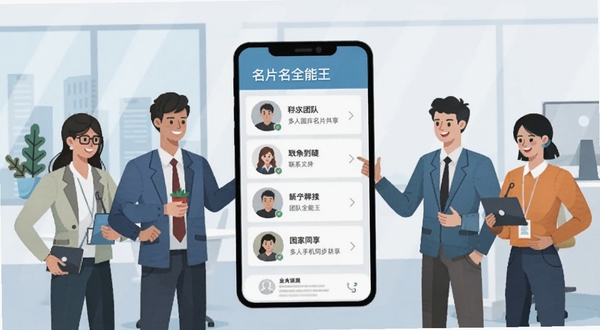 名片全能王 团队协作名片共享 多人手机同步联系人 企业通讯录界面 现代办公团队场景 扁平化插画风格