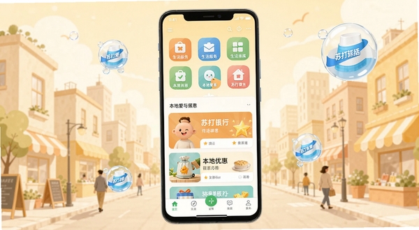 手机屏幕中央展示苏打爱生活应用主界面,顶部为生活服务图标矩阵,中部为本地优惠卡片列表,底部为导航栏,背景为浅暖色调的城市生活插画,周围点缀小苏打气泡元素,整体风格清新简洁,适合安卓应用商店展示图