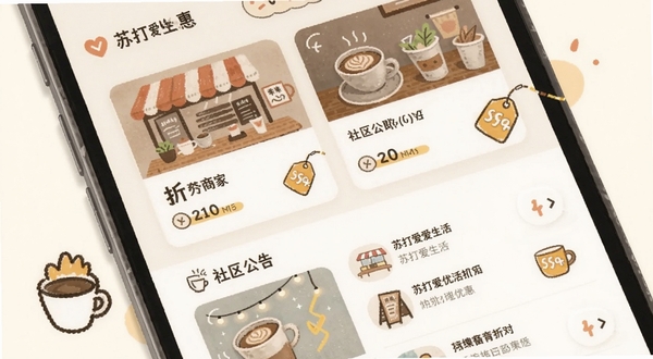 苏打爱生活应用内本地优惠页面特写,手机屏幕显示附近商家折扣卡片和社区公告列表,画面中有手绘风格的商店、咖啡杯、折扣标签等元素,背景为柔和的米白色,整体呈现温馨便民的生活服务氛围