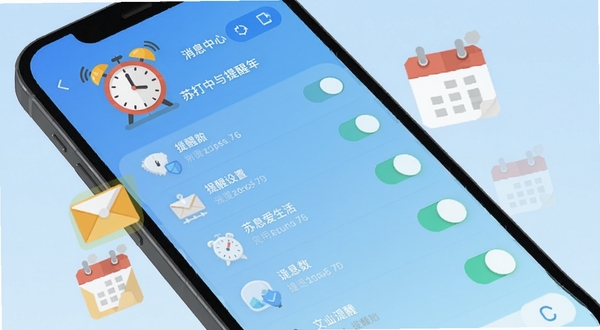 苏打爱生活应用消息中心与提醒设置界面,手机屏幕展示提醒列表和开关按钮,画面中有闹钟、信封、日历等扁平化图标漂浮,背景为淡蓝色渐变,整体风格干净利落,突出实用工具属性