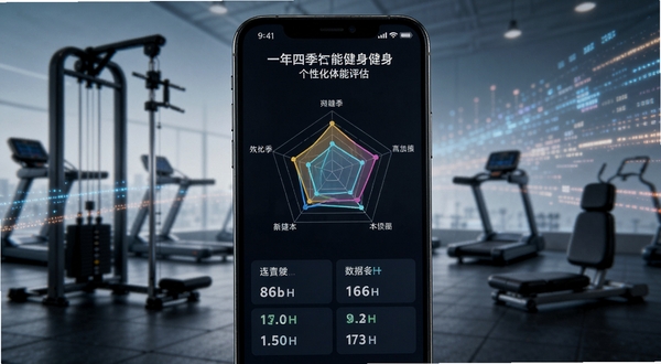 一年四季智能健身个性化体能评估界面,画面展示手机屏幕上的雷达图与数据指标,背景为健身房器械剪影与数据流线条,科技感与运动感结合