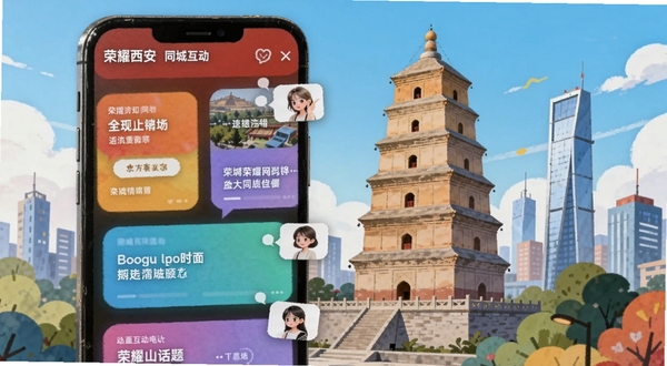 荣耀西安网同城互动界面,画面展示手机屏幕内多个彩色话题卡片与用户头像气泡,背景为西安大雁塔与现代城市建筑交融的插画,色彩活泼,适配Boogu模型生成