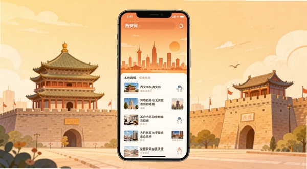 荣耀西安网应用主界面展示,画面中心为手机屏幕显示西安城市剪影与本地资讯列表,背景为西安钟楼与城墙的暖色调插画风格,整体明亮温馨,适配Boogu模型生成