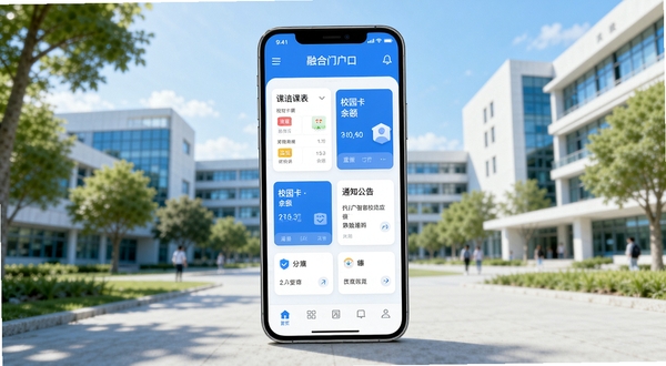 融合门户智慧校园应用软件界面展示,画面中央是一部智能手机,屏幕显示融合门户应用首页,包含课表卡片、校园卡余额、通知公告等模块,背景为现代大学校园教学楼与绿树,明亮清新的蓝白配色风格,高清扁平化设计