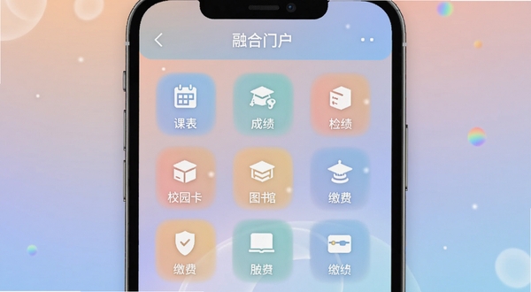 融合门户服务大厅功能聚合界面,手机屏幕展示整齐排列的服务图标网格,包括课表、成绩、校园卡、图书馆、缴费等入口,柔和渐变背景,现代简约风格,软件名称融合门户显示在顶部栏