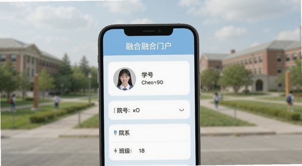 融合门户个人信息管理页面,手机屏幕显示学生头像、学号、院系、班级等字段,界面干净整洁,浅蓝色调,融合门户字样出现在页面顶部,背景为模糊的校园风景