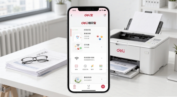得力相印宝应用主界面展示,画面中央为手机屏幕显示打印功能菜单,背景为简洁的现代办公桌面,桌上放置一台白色得力打印机和几份文件,整体色调明亮清新,突出移动打印的便捷感。