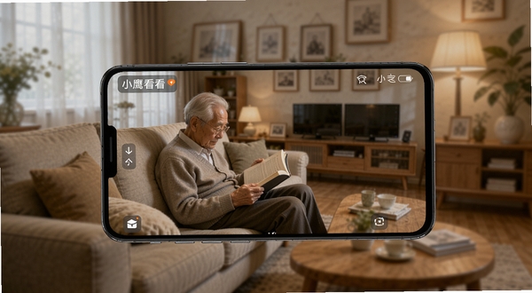 画面主体为一部安卓手机,手机屏幕显示着小鹰看看APP的实时监控画面,画面中是一位老人坐在客厅沙发上阅读,背景区域为温馨的家庭客厅环境,光线柔和,整体风格写实清晰,构图以手机为中心,背景虚化处理突出主体。