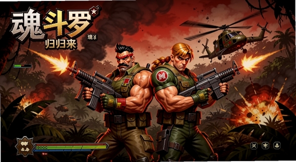 魂斗罗:归来 游戏主界面全景展示,画面中央为比尔与兰斯持枪并肩站立,背景是充满硝烟的丛林战场与远处坠毁的直升机,整体色调偏暗红与军绿,突出硬核射击氛围,适配Boogu模型生成