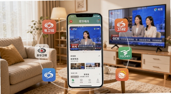 画面中央是一部智能手机,屏幕亮起显示歌华有线应用界面,界面中正在播放新闻节目,手机周围环绕着央视、卫视等频道图标,背景是温馨的客厅环境,有沙发和电视柜,电视柜上放着一台大屏电视正在播放同样的画面,整体色调温暖明亮,突出多屏互动与家庭娱乐场景,画面清晰简洁,适合软件宣传展示