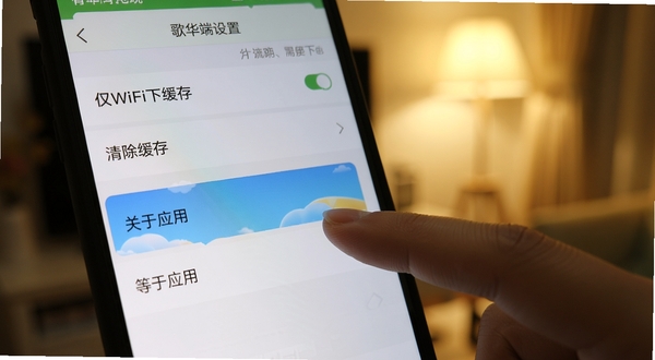 歌华有线移动端操作界面截图风格,画面展示手机屏幕上应用设置页面,有清晰的选项列表如“仅WiFi下缓存”“清除缓存”“关于应用”等,手指正在点击其中一个选项,背景是柔和的室内光线,整体风格简洁实用,突出操作引导和功能设置,适合作为使用教程配图