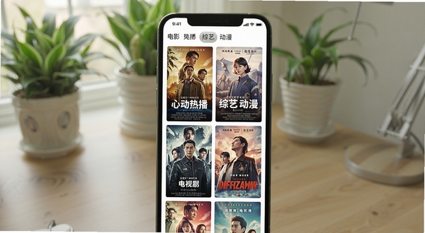 心动热播 影视分类页面 电影 电视剧 综艺 动漫 标签横向排列 海报网格布局 色彩丰富 手机界面 居中构图 背景为书桌与绿植 自然光线 突出分类导航区域