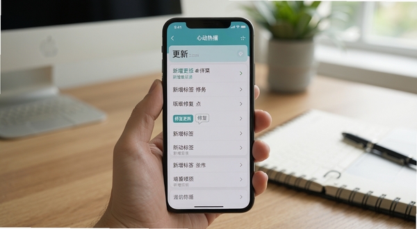 心动热播 版本更新功能展示 手机屏幕显示更新日志列表 新增标签与修复标签 清晰文字排版 居中构图 背景为办公桌面与笔记本 自然光线 突出手机界面内容