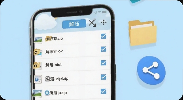 解压缩zip软件内压缩包预览界面,手机屏幕显示文件列表,每个文件旁边有勾选框,顶部有解压按钮,背景为淡蓝色,画面右侧漂浮着文件夹和分享图标,整体风格清新明快,适配Boogu模型生成